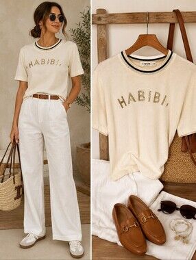LYOUM Habibi Ribbed Cotton Metallic Tee XS Ivory French Chic Top